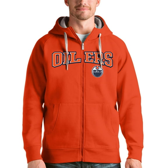 Men's Antigua Orange Edmonton Oilers Wordmark Victory Full-Zip Hoodie