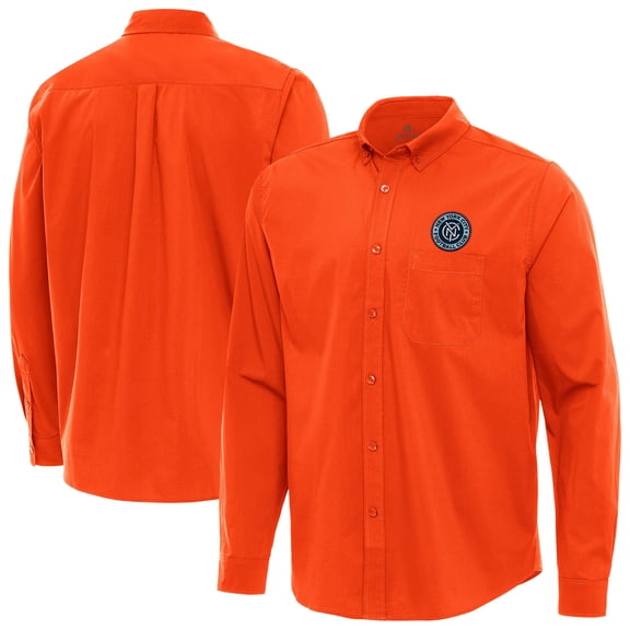 Men's-Antigua Orange New York City FC Flight Tri-Blend Woven Long Sleeve Button-Down Shirt