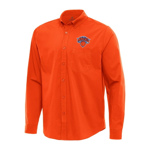 Men's Antigua Orange New York Knicks Flight Woven Tri-Blend Long Sleeve Button-Down Shirt
