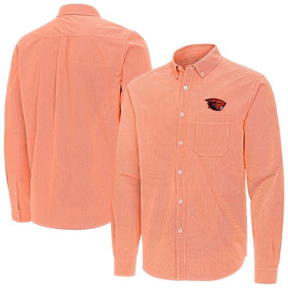 Men's Antigua Orange Oregon State Beavers Porter Woven Tri-Blend Long Sleeve Button-Down Shirt