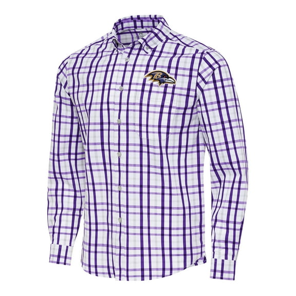 Men's Antigua Purple/Gray Baltimore Ravens Tending Woven Tri-Blend Long Sleeve Button-Down Shirt