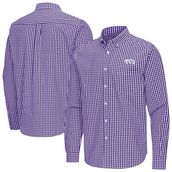 Men's Antigua Purple TCU Horned Frogs Ellis Woven Tri-Blend Long Sleeve Button-Down Shirt