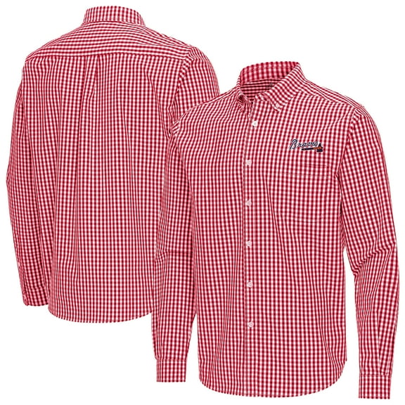 Men's Antigua Red Atlanta Braves Ellis Woven Tri-Blend Button-Down Shirt