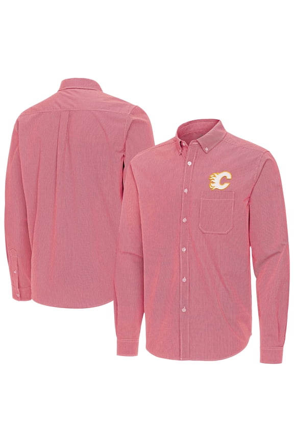 Men's Antigua Red Calgary Flames Porter Woven Tri-Blend Long Sleeve Button-Down Shirt