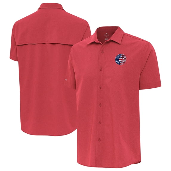 Men's Antigua Red Chicago Cubs Activate Stars and Stripes Team Logo Short Sleeve Button-Up Shirt