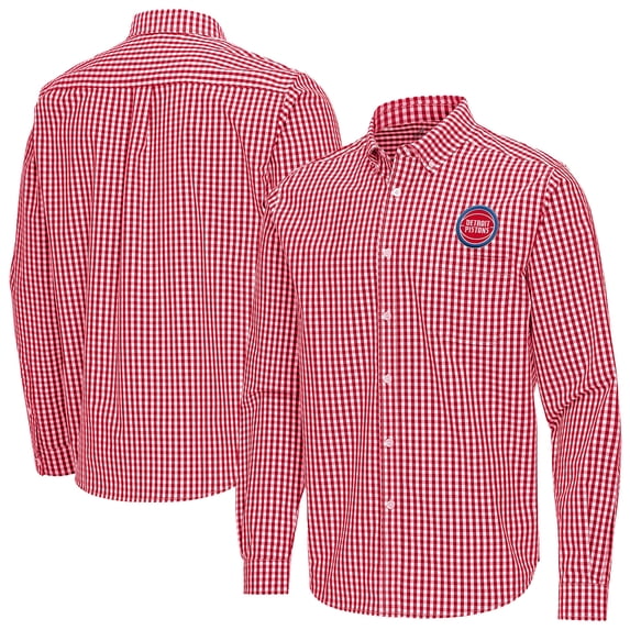 Men's Antigua Red Detroit Pistons Ellis Woven Tri-Blend Button-Down Shirt