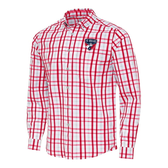 Men's Antigua Red/Gray FC Dallas Tending 2 Tri-Blend Long Sleeve Button-Down Shirt