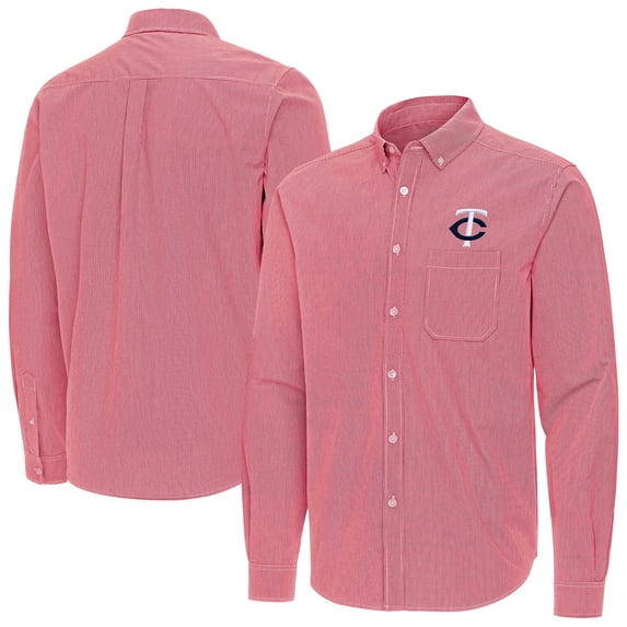 Men's Antigua Red Minnesota Twins Porter Woven Long Sleeve Button-Down Shirt