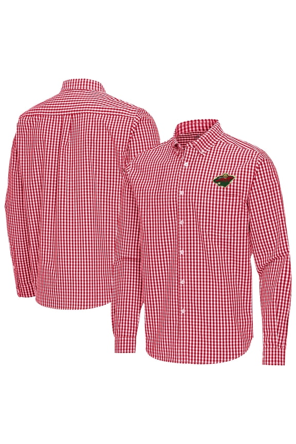 Men's Antigua Red Minnesota Wild Ellis Tri-Blend Long Sleeve Button-Down Shirt