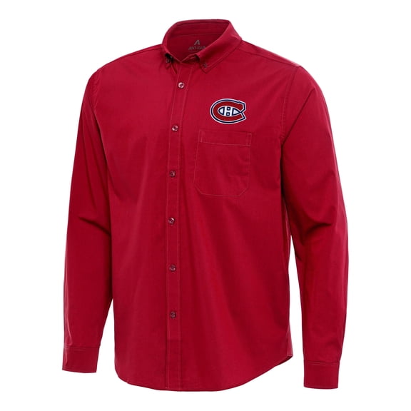 Men's Antigua Red Montreal Canadiens Flight Woven Tri-Blend Long Sleeve Button-Down Shirt