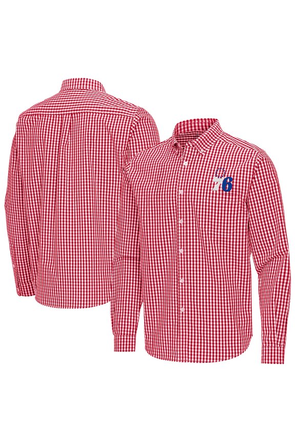 Men's Antigua Red Philadelphia 76ers Ellis Woven Tri-Blend Button-Down Shirt
