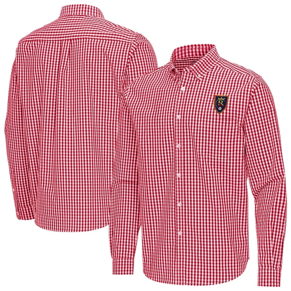 Men's Antigua Red Real Salt Lake Ellis Tri-Blend Long Sleeve Button-Down Shirt