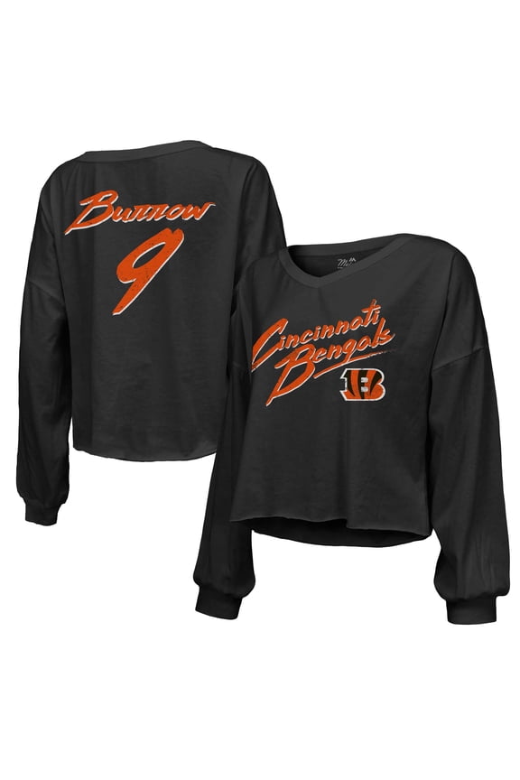 Women's Majestic Threads Joe Burrow Black Cincinnati Bengals Name & Number Off-Shoulder Script Cropped Long Sleeve