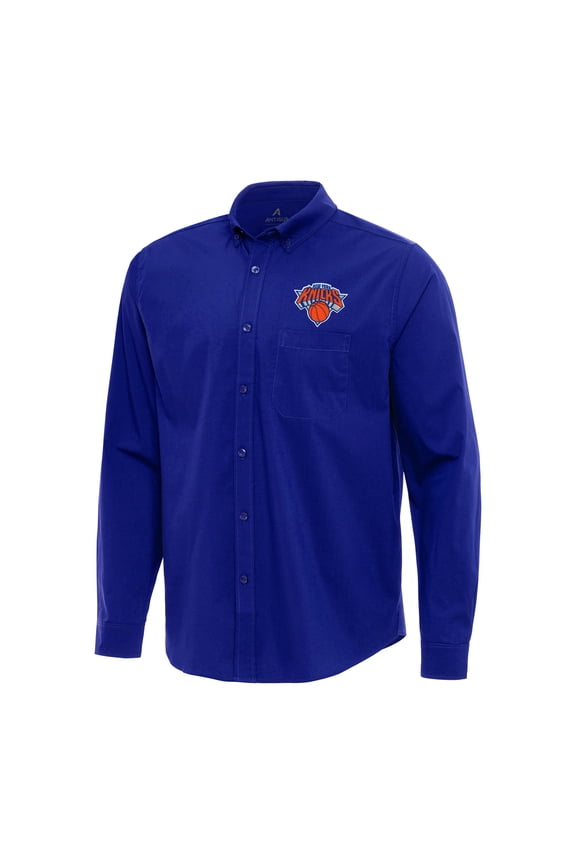 Men's Antigua Royal New York Knicks Flight Woven Tri-Blend Long Sleeve Button-Down Shirt