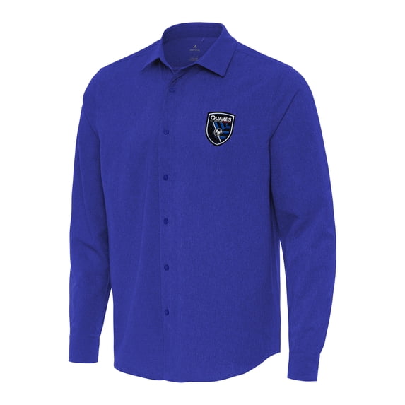 Men's Antigua Royal San Jose Earthquakes Exposure Woven Long Sleeve Button-Up Shirt