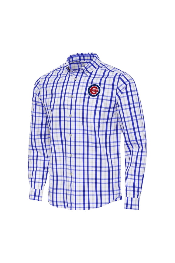 Men's Antigua Royal/White Chicago Cubs Tending Woven Tri-Blend Long Sleeve Button-Down Shirt