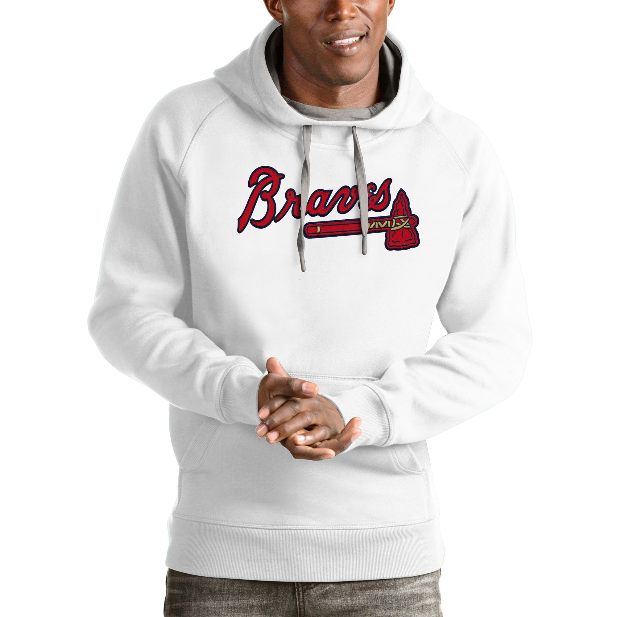 Men's Antigua White Atlanta Braves Victory Pullover Team Logo Hoodie