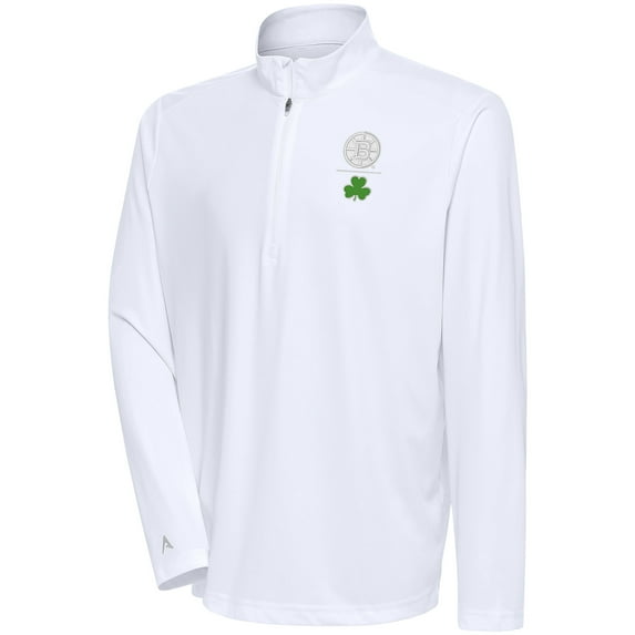 Men's Antigua White Boston Bruins Shamrock Tribute Quarter-Zip Pullover Top