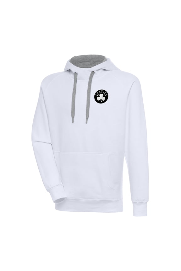 Men's Antigua White Boston Celtics Metallic Logo Victory Raglan Pullover Hoodie