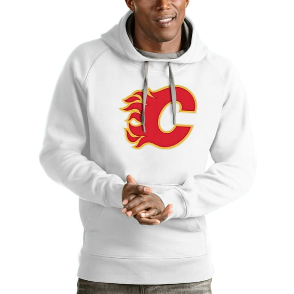 Men's Antigua White Calgary Flames Logo Victory Pullover Hoodie