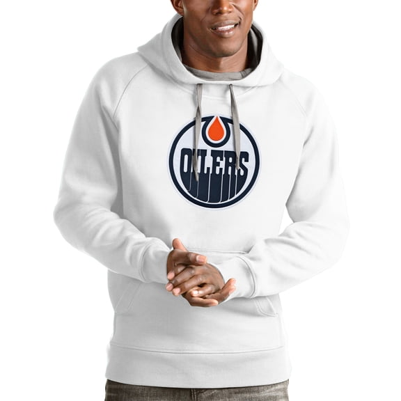 Men's Antigua White Edmonton Oilers Logo Victory Pullover Hoodie