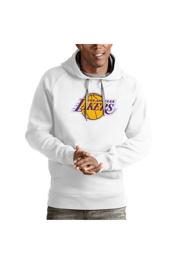 Men's Antigua White Los Angeles Lakers Team Logo Victory Pullover Hoodie
