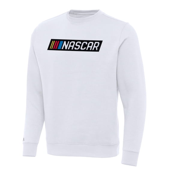 Men's-Antigua White NASCAR Victory Crewneck Pullover Sweatshirt