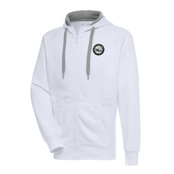 Men's Antigua White Philadelphia 76ers Metallic Logo Victory Raglan Full-Zip Hoodie
