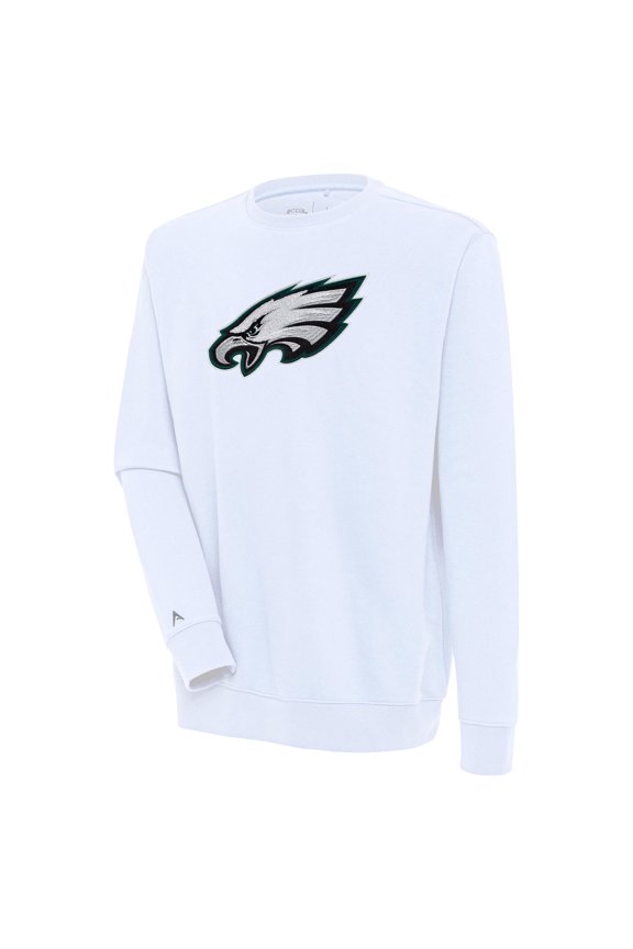 Men's Antigua White Philadelphia Eagles Victory Crewneck Pullover Sweatshirt