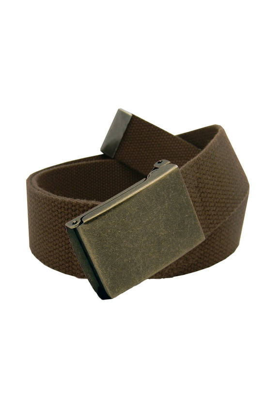 Men's Antique Brass Flip Top Military Belt Buckle with Canvas Web Belt Medium Brown