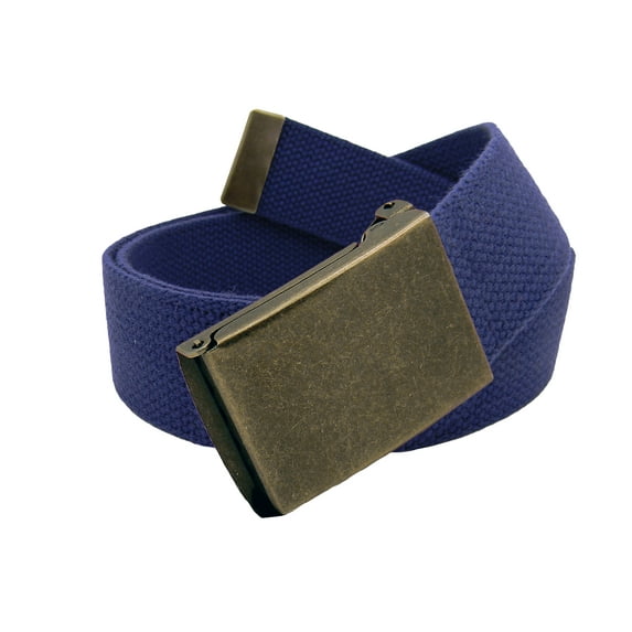 Men's Antique Brass Flip Top Military Belt Buckle with Canvas Web Belt XXX-Large Navy Blue