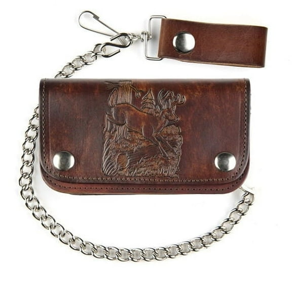 Men's Antique Brown Leather Chain Wallet, 6inch with Embossed Deer