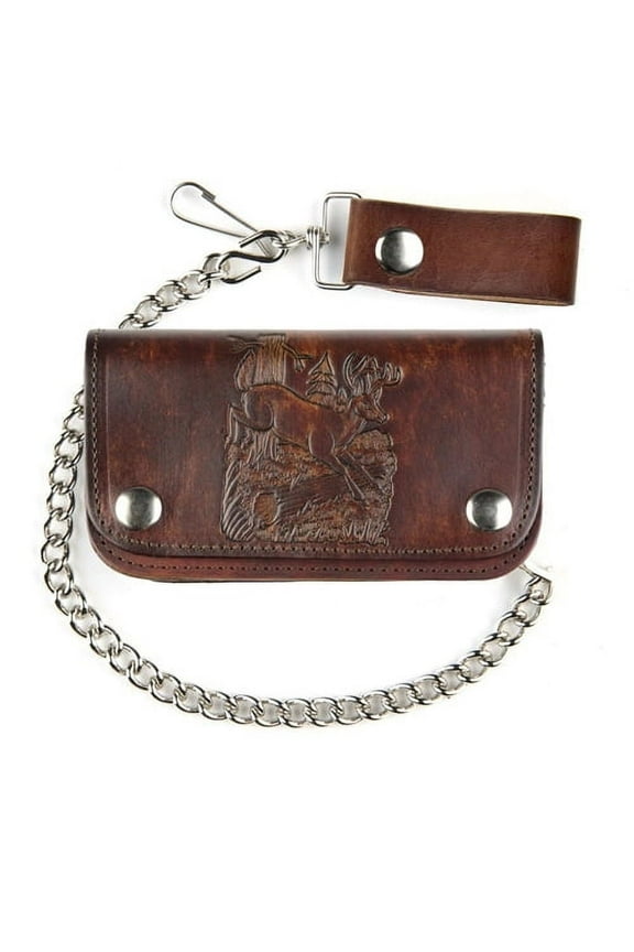 Men's Antique Brown Leather Chain Wallet, 6inch with Embossed Deer