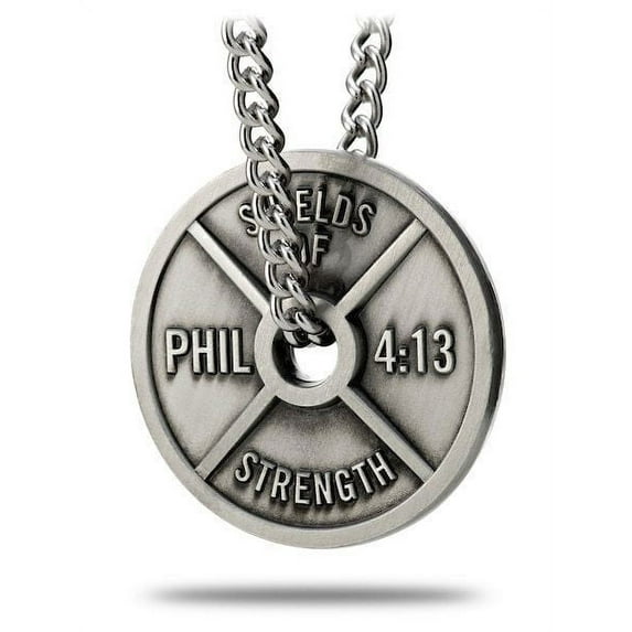 Men's Antique Finish Weight Plate Necklace - Phil 4:13 by Shields of Strength