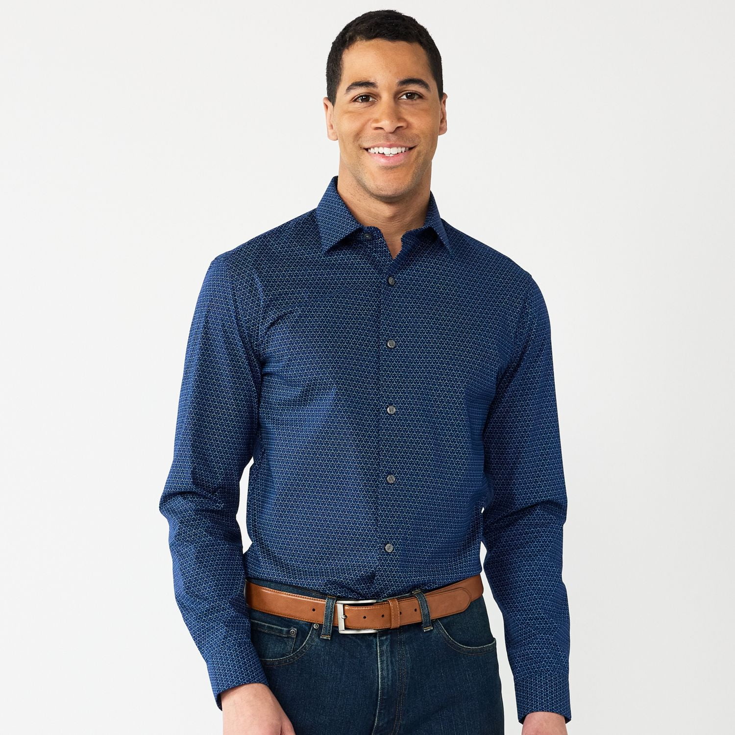 Men's Apt. 9® Premier Flex Regular-Fit Wrinkle Resistant Dress Shirt Color:  Navy Geo Print Size: L-32/33 - Walmart.com