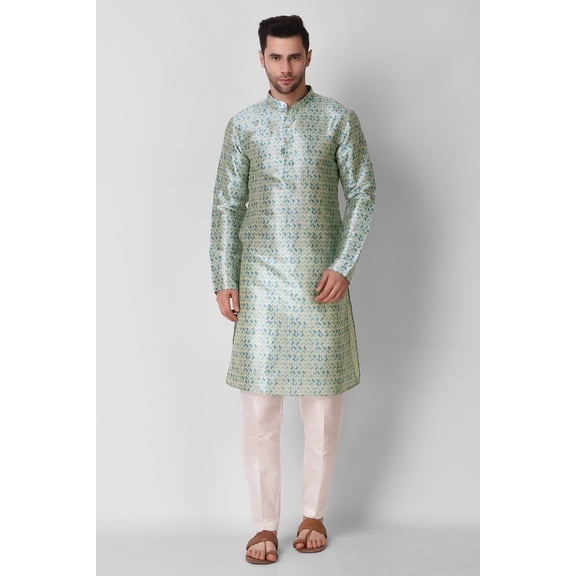 Men's Aqua Blue Color Indian Traditional Wear Tunic Cotton Kurta Pajama Set