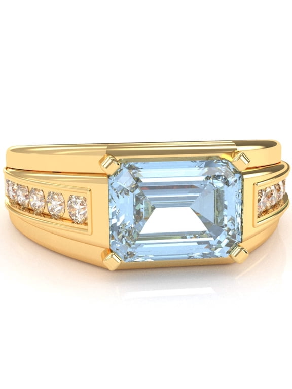 Men's Aquamarine Diamond Channel Ring In Solid 14k Yellow Gold
