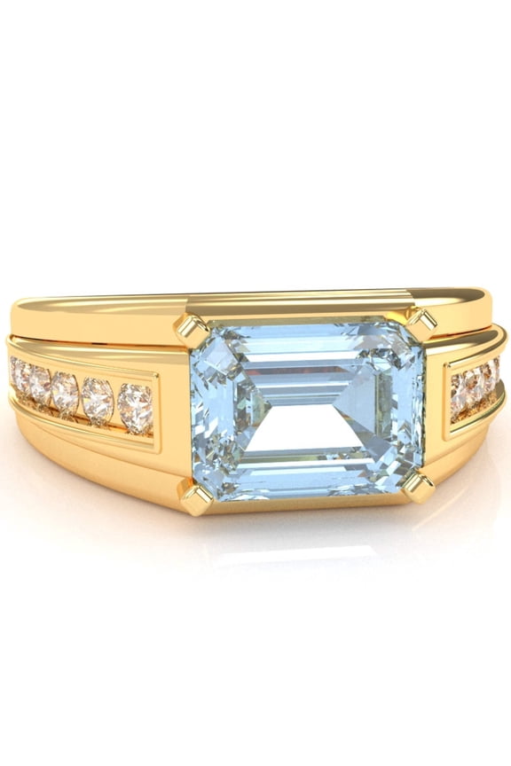Men's Aquamarine Diamond Channel Ring In Solid 14k Yellow Gold