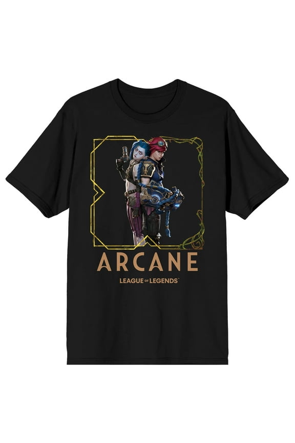 Arcane Jinx and Vi Butterfly Icon Logo text on Black Short Sleeve Adult T-Shirt-Large