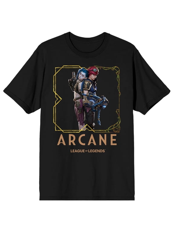 Arcane Jinx and Vi Butterfly Icon Logo text on Black Short Sleeve Adult T-Shirt-XXL