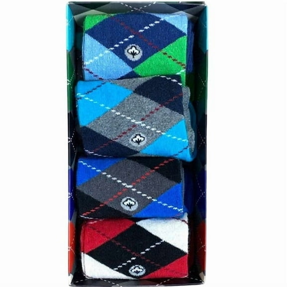 Men’s Argyle Cotton Crew Dress Socks, Stylish for Work and Casual Wear - 4 Pair Boxed Set