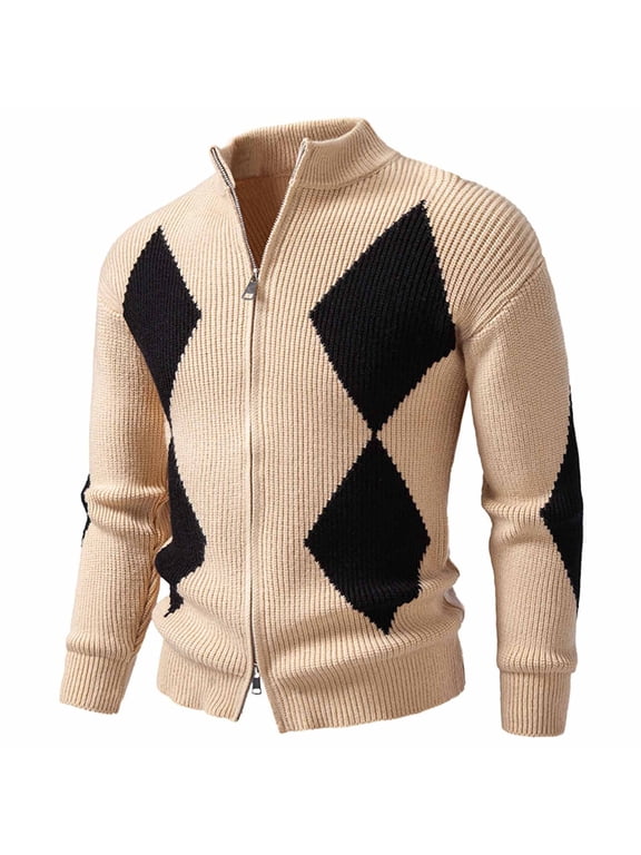 Men's Argyle Diamond Pattern Full Zip Stand Collar Knit Cardigan Long Sleeve Sweater Jacket