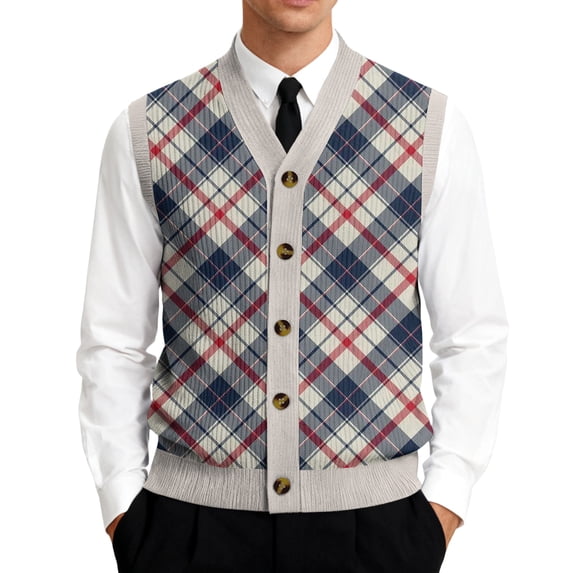 Men's Argyle Knit Vest, V-Neck Button Front Sleeveless Cardigan for Casual Wear Light Gray 2XL