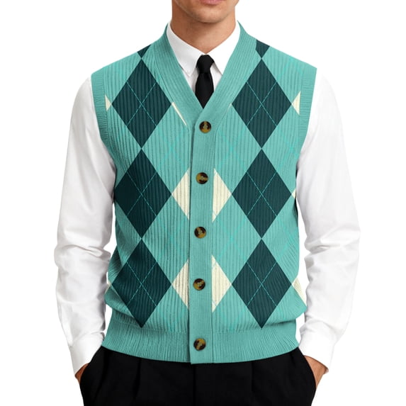 Men's Argyle Knit Vest, V-Neck Button Front Sleeveless Cardigan for Casual Wear Turquoise 4XL
