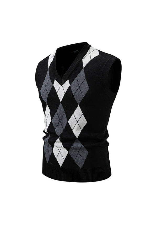 Men's Argyle Pattern Knit Warm V Neck Vest Casual Daily Wear Slim Fit Knitted Waistcoat