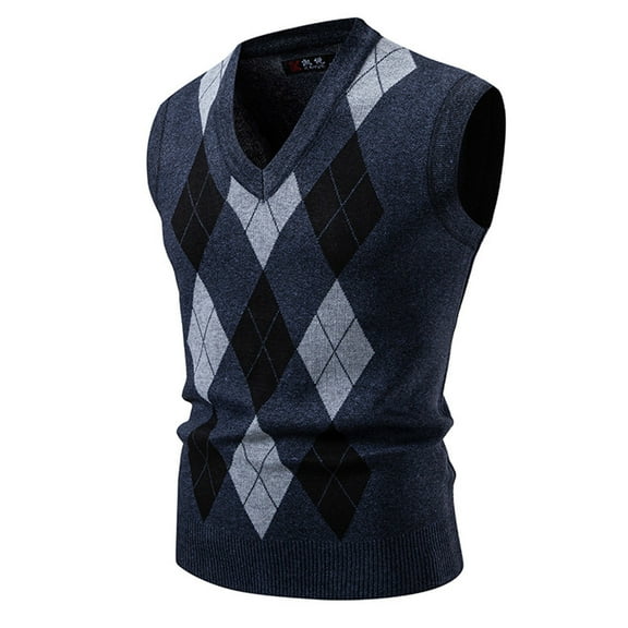 Men's Argyle Pattern Knit Warm V Neck Vest Casual Daily Wear Slim Fit Knitted Waistcoat