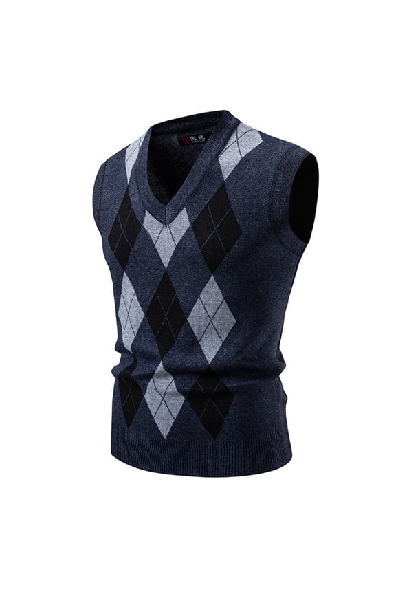 Men's Argyle Pattern Knit Warm V Neck Vest Casual Daily Wear Slim Fit Knitted Waistcoat