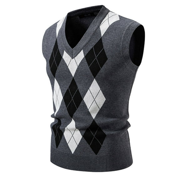 Men's Argyle Pattern Knit Warm V Neck Vest Casual Daily Wear Slim Fit Knitted Waistcoat