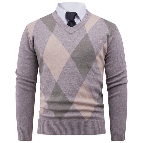 Men's Argyle Plaid Long Sleeve Shirts Fashion V-Neck Knitted Pullover Sweater