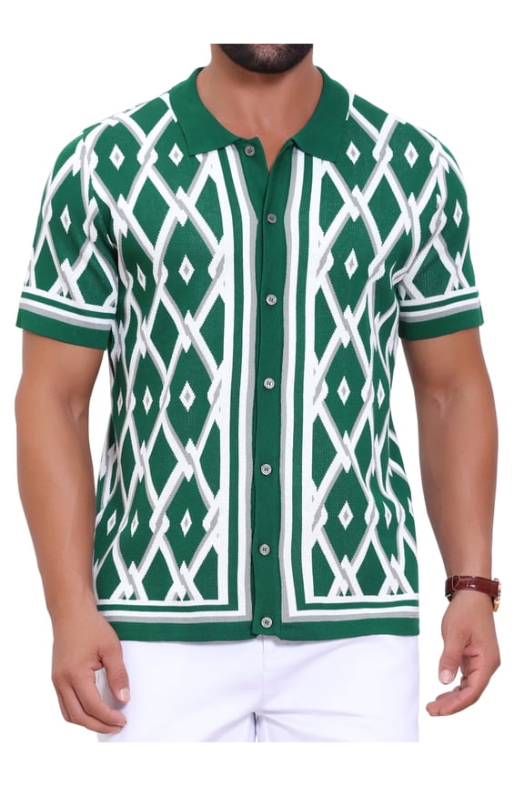 Men's Argyle Polo Shirt Casual Short Sleeve Plaid Knitted Shirts L Green